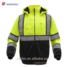 ANSI Klasse 3 Lime High Visibility Sicherheit Hooded FULL-ZIP Arbeitskleidung Sweatshirts mit Black Birdseye Mesh-Futter